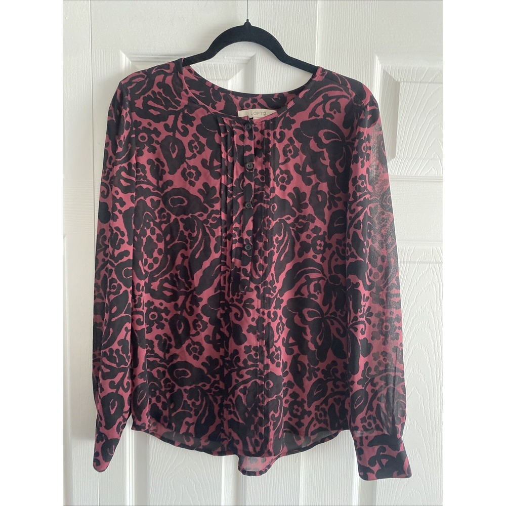 Loft Damask Floral Pintuck Blouse Womens Size M Burgundy Black Sheer Polyester‎